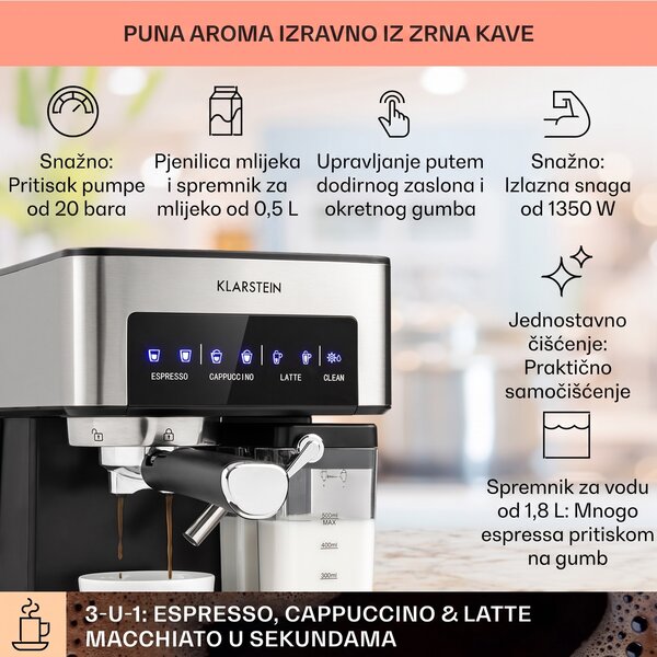 Klarstein Arabica Comfort, aparat za kavu s portafilterom, 1350W, 20 bara, 1,8 l, upravljačka površina osjetljiva na dodir