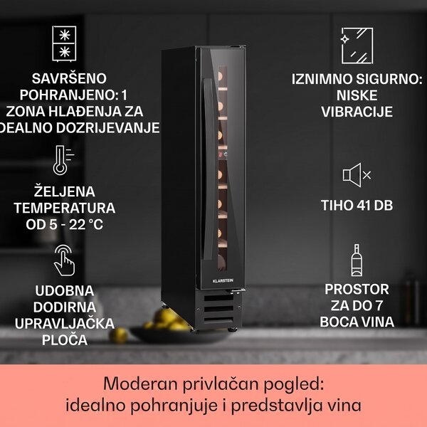 Klarstein Vinovilla 7, ugradbeni, Uno Quartz, ugrađeni hladnjak za vino, crno staklo, nehrđajući čelik