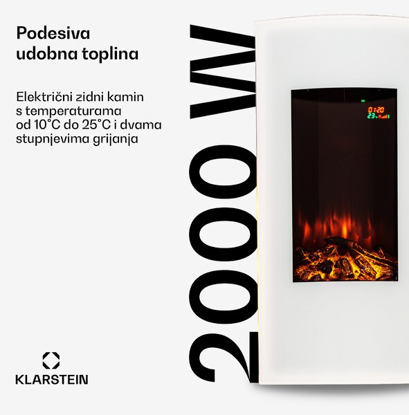Klarstein Lamington električni kamin 2000 W, LED plamen, grijač, timer, ambijentalno svjetlo
