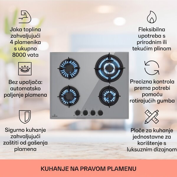 Klarstein Firetale, plinska ploča za kuhanje, 4 plamenika, aluminijski plamenici, uključujući crijevo i reducir ventil