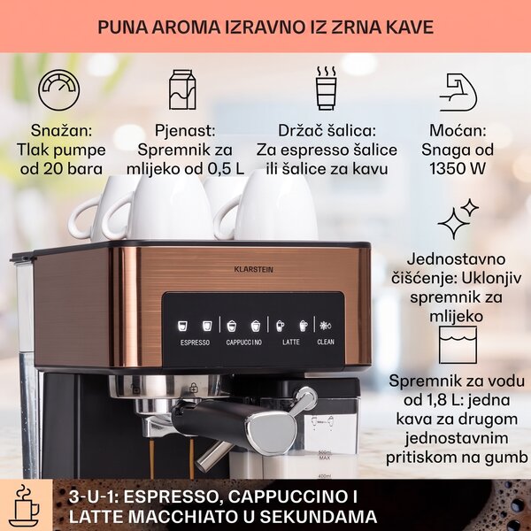 Klarstein Arabica Comfort, aparat za kavu s portafilterom, 1350W, 20 bara, 1,8 l, upravljačka površina osjetljiva na dodir