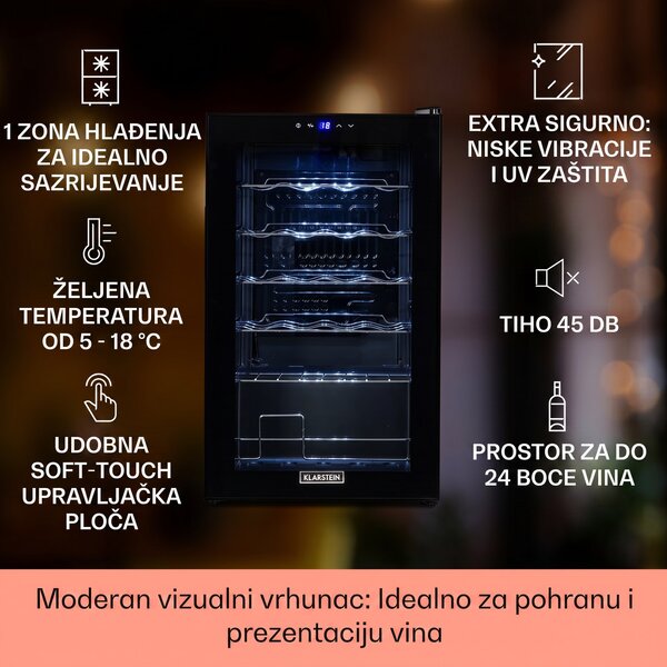 Klarstein Shiraz 24 Uno, vinoteka, 67 L, 24 boce, touch screen, 5 – 18 °C, crna