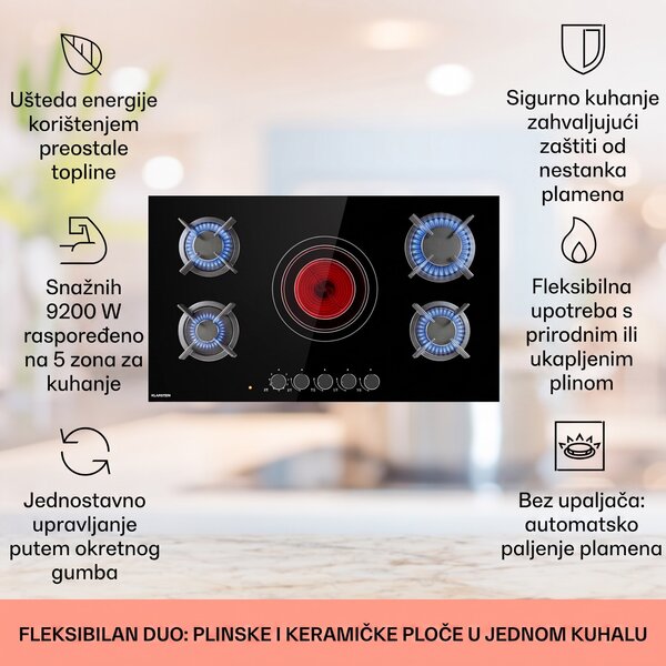 Klarstein MultiChef 5, kombinirana plinska ploča, plinsko / staklokeramička, 5 zona