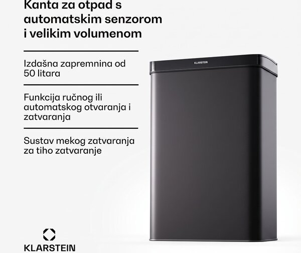 Klarstein Bez dodira, kanta za otpatke na senzor, 50 l, nehrđajući čelik, Soft-Close zatvaranje, baterijsko napajanje, LED zaslon, timer