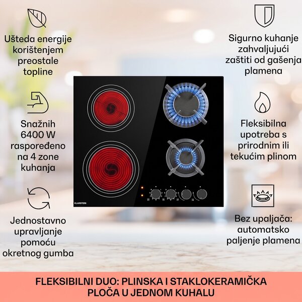 Klarstein MultiChef 4, kombinirana plinska ploča, plinsko / staklokeramička, 4 zona
