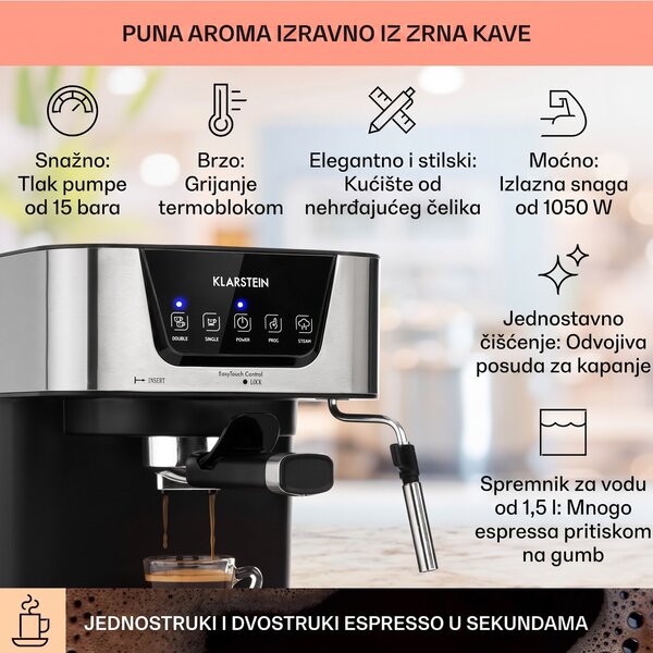 Klarstein Arabica, aparat za espresso kavu, 1050 W, 15 bara, 1,5 l, upravljačka ploča osjetljiva na dodir, nehrđajući čelik