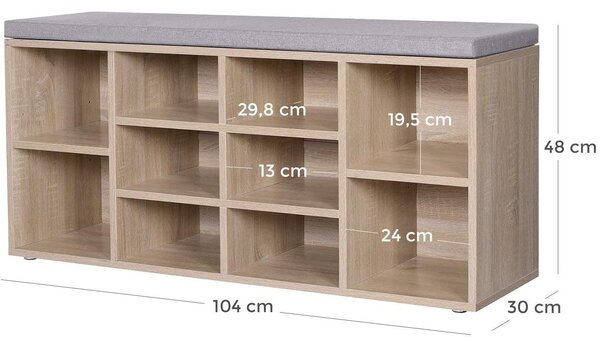 Klupa za cipele s 10 odjeljaka i jastucima 104 x 30 x 48 cm, boja hrasta | VASAGLE