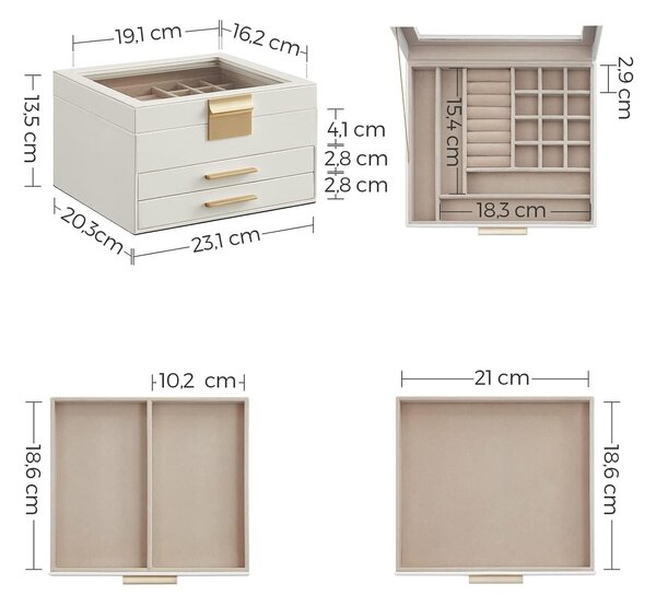 Kutija za nakit sa staklenim poklopcem i 2 ladice, 23x20x13,5 cm, bijela-zlatna | SONGMICS
