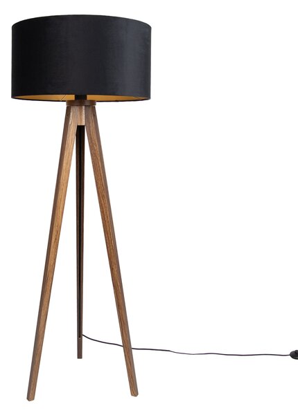 Podna svjetiljka orahovo drvo s crnim sjenilom sa zlatnom unutrašnjosti 50 cm - Tripod Classic