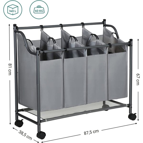 Košara za rublje s kotačima, 4 vreće koje se mogu izvaditi, 4 x 35L, siva | SONGMICS