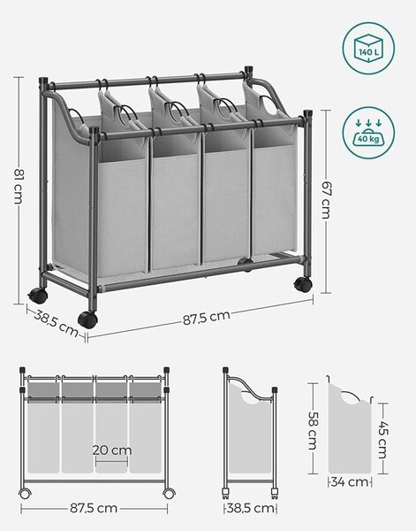 Košara za rublje s kotačima, 4 vreće koje se mogu izvaditi, 4 x 35L, siva | SONGMICS