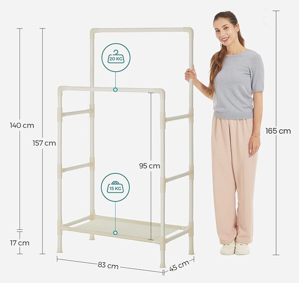 Metalni stalak za odjeću s 2 šipke i policom, 84 x 157 x 44,5 cm, bijeli | SONGMICS