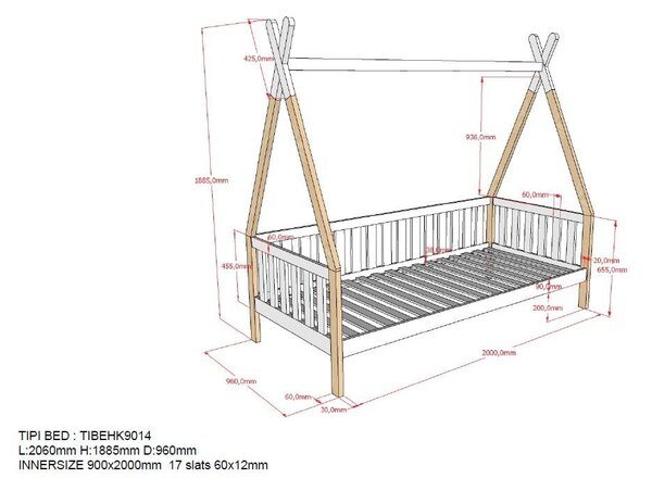 Bijeli dječji krevetić s ogradom Vipack Tipi, 90 x 200 cm