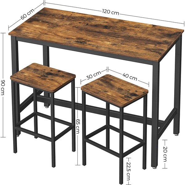 Barski stol s 2 barske stolice, 120 x 60 x 90 cm, vintage smeđa i crna | VASAGLE