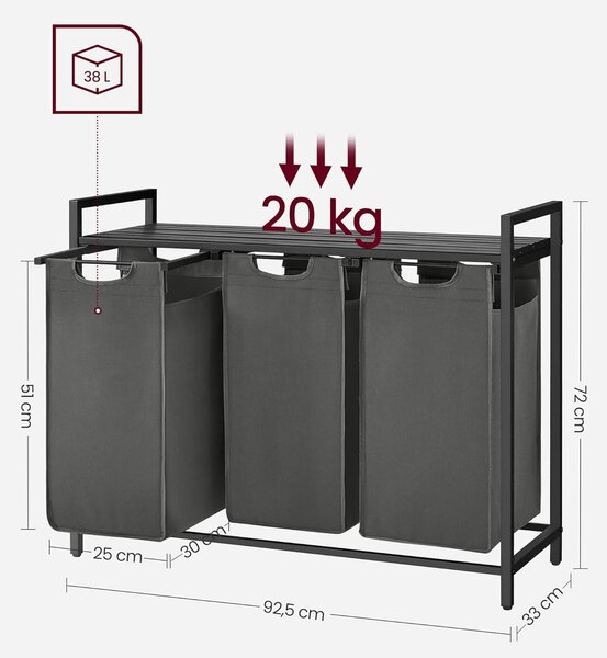 Košara za rublje, držač za rublje s 3 odjeljka i metalnim okvirom, crno-siva | VASAGLE