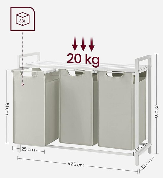 Košara za rublje, držač za rublje s 3 odjeljka i metalnim okvirom, bijela | VASAGLE