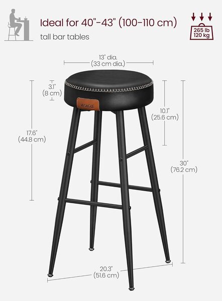 EKHO Set od 2 barske stolice, kuhinjske stolice visine 76,2 cm, crne