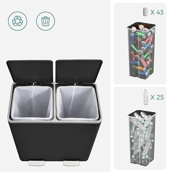Airless metalna pedala dupla kanta za smeće, 2 x 30L, sa 15 vreća za smeće, crna | SONGMICS