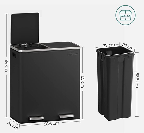 Airless metalna pedala dupla kanta za smeće, 2 x 30L, sa 15 vreća za smeće, crna | SONGMICS