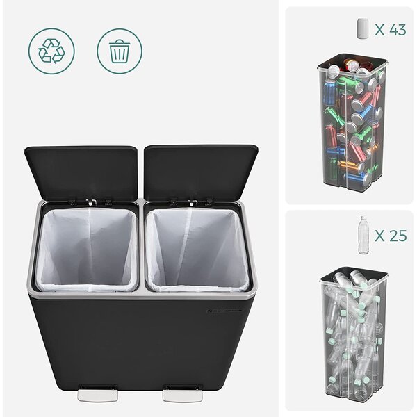 Airless metalna pedala dupla kanta za smeće, 2 x 30L, sa 15 vreća za smeće, crna | SONGMICS