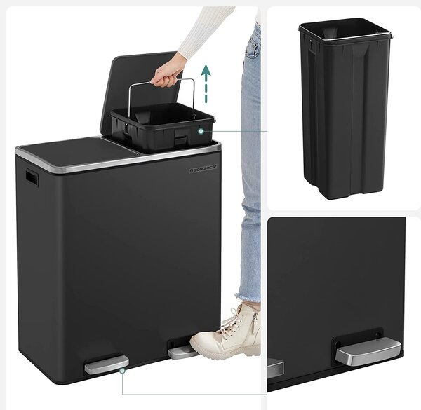 Airless metalna pedala dupla kanta za smeće, 2 x 30L, sa 15 vreća za smeće, crna | SONGMICS