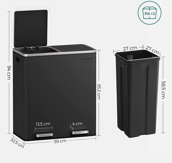 Airless metalna pedala dupla kanta za smeće, 2 x 30L, sa 15 vreća za smeće, crna | SONGMICS
