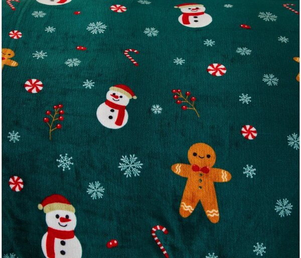 Posteljina od mikropliša SNOWMAN AND GINGERBREAD zelena + plahta od mikropliša SOFT 90x200 cm crna
