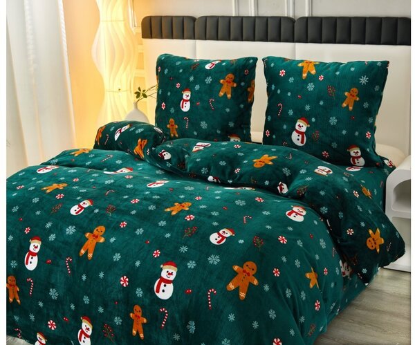Posteljina od mikropliša SNOWMAN AND GINGERBREAD zelena + plahta od mikropliša SOFT 90x200 cm crna