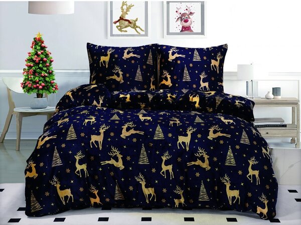 Posteljina od mikropliša GOLDEN DEER tamnoplava + plahta od mikropliša SOFT 90x200 cm crna