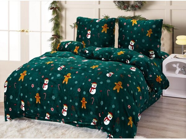 Posteljina od mikropliša SNOWMAN AND GINGERBREAD zelena + plahta od mikropliša SOFT 90x200 cm crna