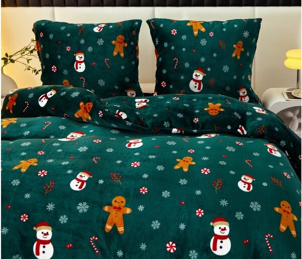 Posteljina od mikropliša SNOWMAN AND GINGERBREAD zelena + plahta od mikropliša SOFT 90x200 cm crna