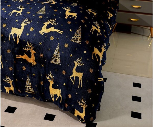 Posteljina od mikropliša GOLDEN DEER tamnoplava + plahta od mikropliša SOFT 90x200 cm crna