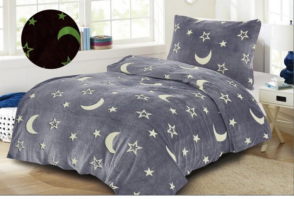 Svjetleća posteljina od mikropliša BIG MOON siva + plahta od mikropliša SOFT 90x200 cm svijetlo siva