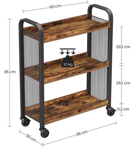 Kolica za posluživanje, kuhinjska kolica s kotačima za uštedu prostora 66 x 26 x 85 cm | VASAGLE
