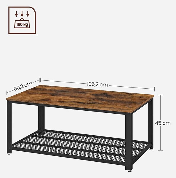 Stol za kavu s rešetkastom policom 106,2 x 45 x 60,2 cm, rustikalno smeđi | VASAGLE