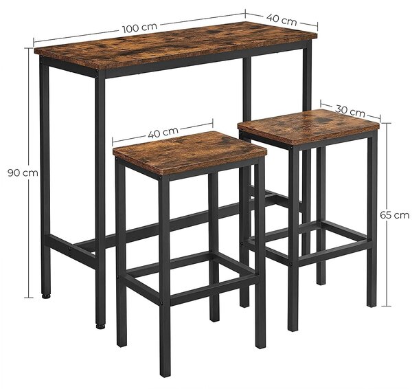 Barski stol s 2 barske stolice, 100 x 90 x 40 cm, rustikalno smeđa i crna | VASAGLE
