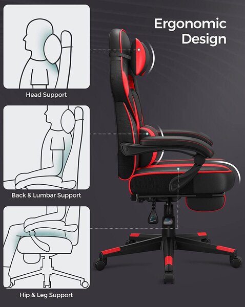 Ergonomska stolica s osloncem za noge i lumbalnim jastukom, crno crvena