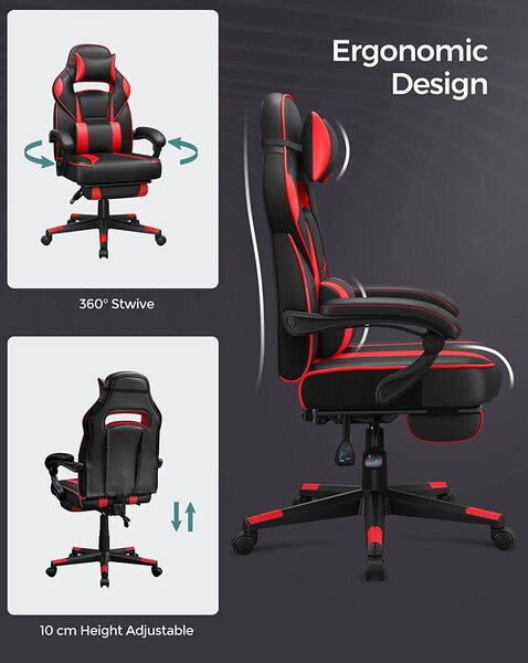 Ergonomska stolica s osloncem za noge i lumbalnim jastukom, crno crvena