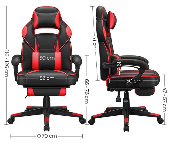 Ergonomska stolica s osloncem za noge i lumbalnim jastukom, crno crvena