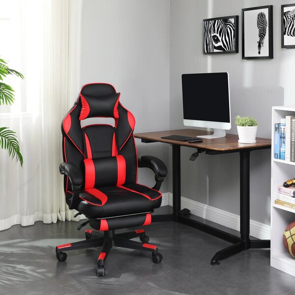 Ergonomska stolica s osloncem za noge i lumbalnim jastukom, crno crvena