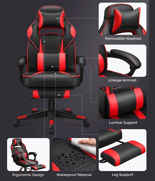 Ergonomska stolica s osloncem za noge i lumbalnim jastukom, crno crvena