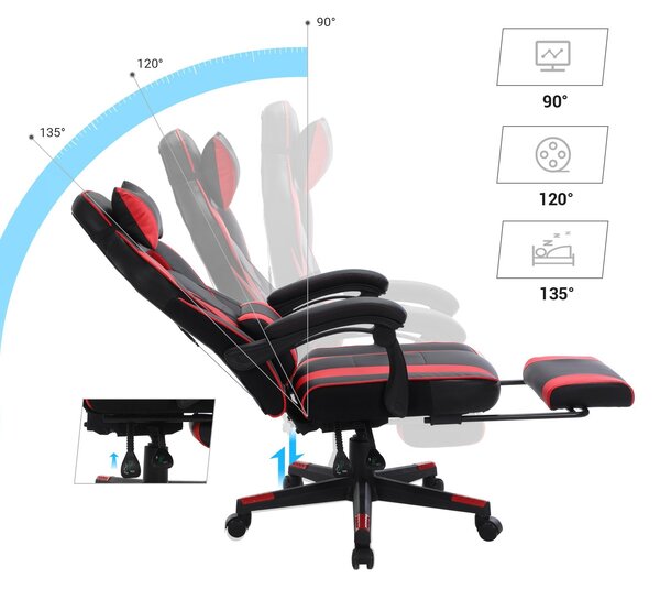 Ergonomska stolica s osloncem za noge i lumbalnim jastukom, crno crvena
