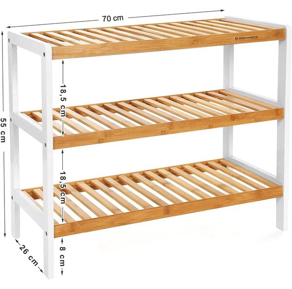 Polica od bambusa na 3 razine, stalak za cipele,70x26x55 cm, prirodna i bijela | SONGMICS