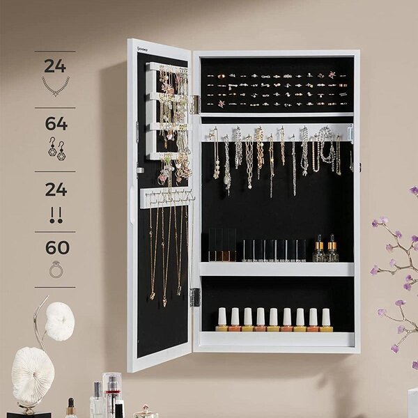 Ormarić za nakit s bijelim ogledalom koji se može zaključati, zidni organizator za nakit, 37 x 10 x 67 cm | SONGMICS