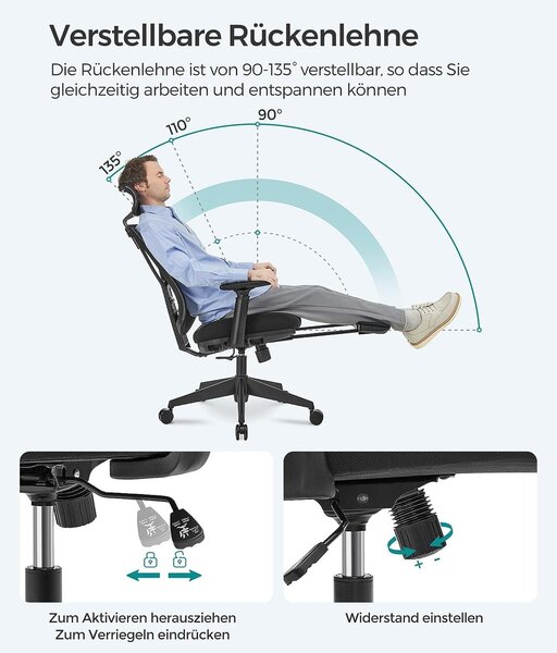 Podesiva ergonomska uredska stolica s osloncem za noge, glavu i ruke, crna