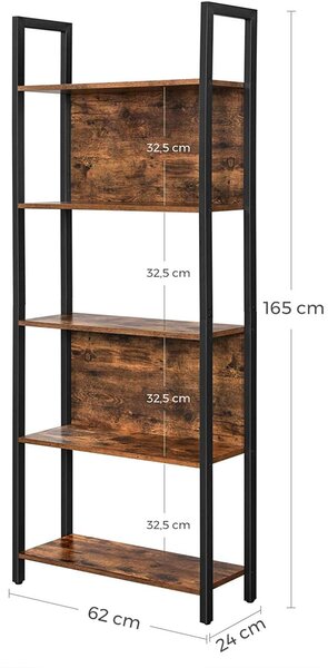Polica za knjige, polica za odlaganje rustikalno smeđa i crna 62 x 24 x 165 cm | VASAGLE