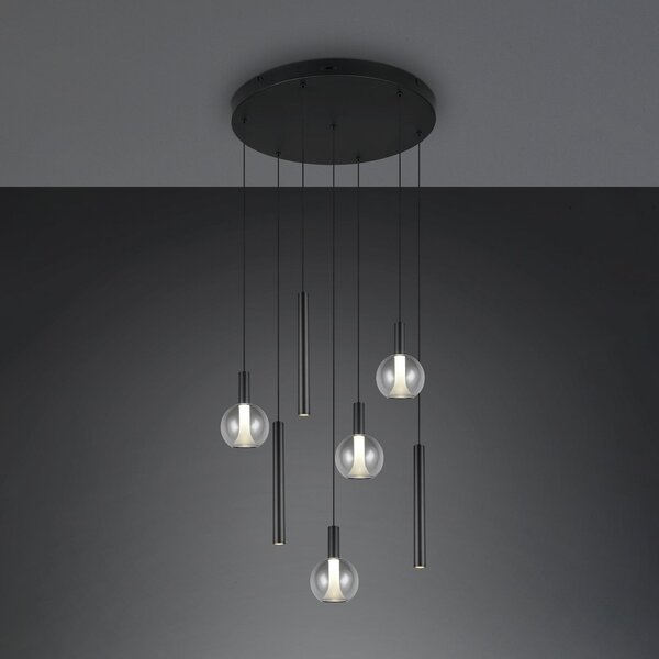Trio Lighting Melaro LED viseća svjetiljka, Ø 59 cm, crni metal/staklo, CCT, 7 svjetala, prigušiva, Crno, Dnevni boravak/blagovaonica, Metal