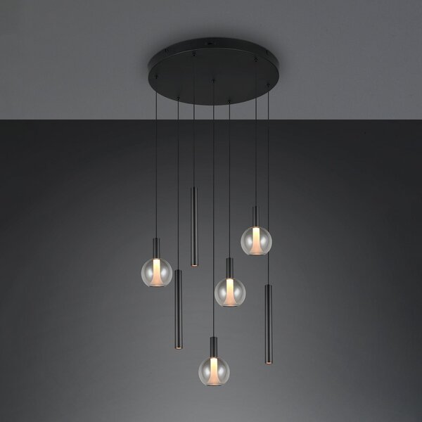 Trio Lighting Melaro LED viseća svjetiljka, Ø 59 cm, crni metal/staklo, CCT, 7 svjetala, prigušiva, Crno, Dnevni boravak/blagovaonica, Metal
