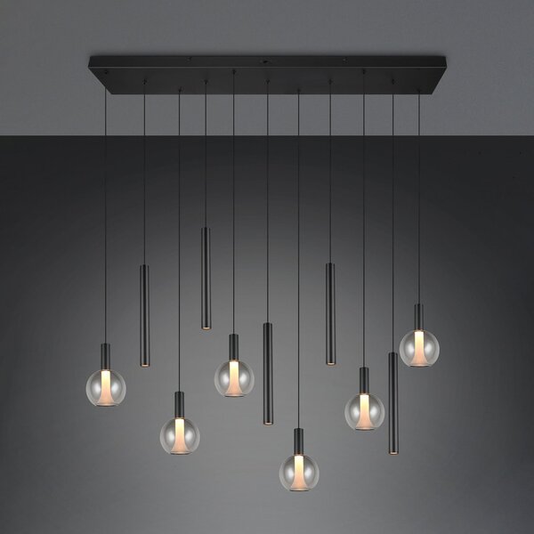 Trio Lighting LED viseća svjetiljka Melaro, duljina 120 cm, crni metal/staklo, 11 sijalica, prigušiva, Crno, Dnevni boravak/blagovaonica, Metal