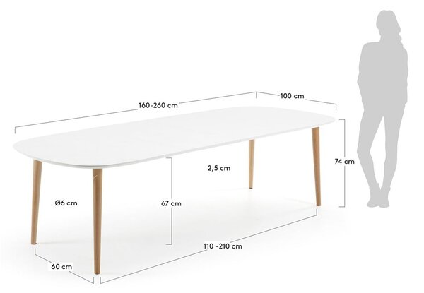 Bijeli proširiv blagovaonski stol s bijelom pločom stola 100x160 cm Oqui – Kave Home